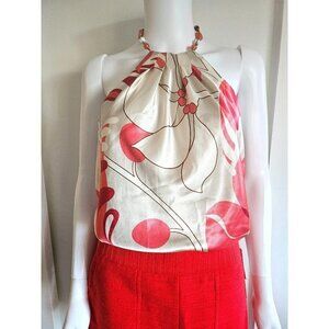 Satin Top with Floral Print and Beaded Necklace Halter Size M
